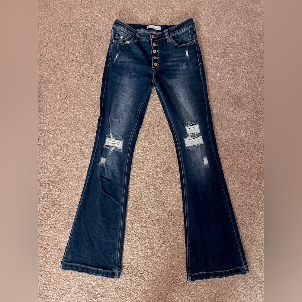 Kancan Dark Was distressed flare jeans